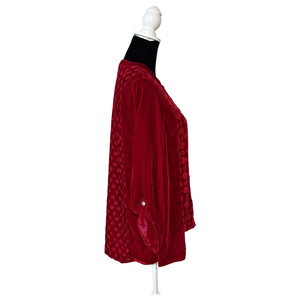 John Mark Red Velvet Embroidered Tunic Top Sm Roll Tab Sleeve Boho Boutique NWT - Picture 2 of 9